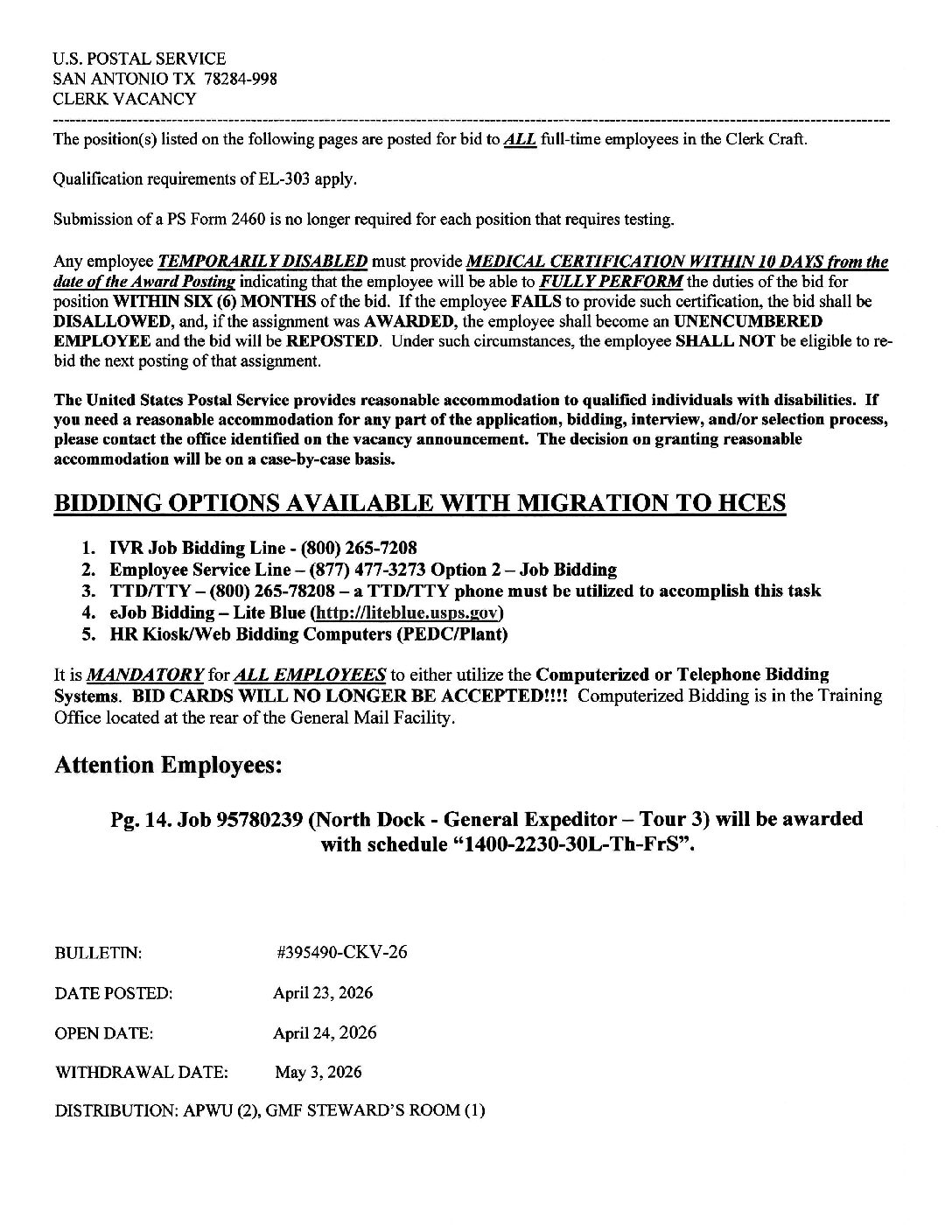 CLERK JOB VACANCY BULLETIN 4/23/26 - 