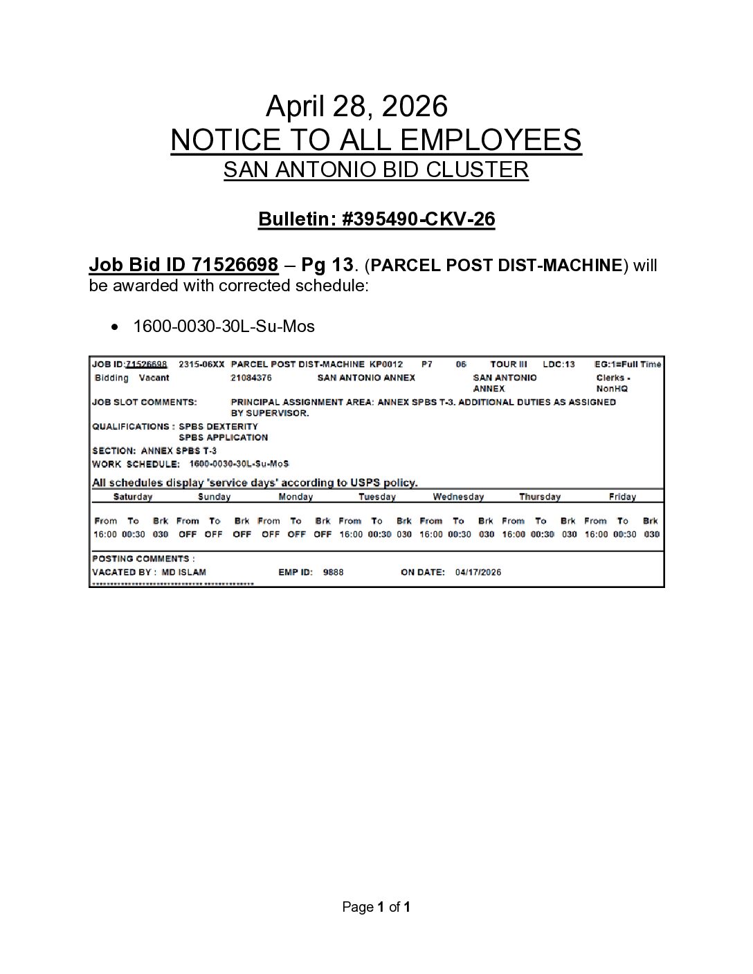 CORRECTION Clerk Craft Job Vacancy Bulletin 4/23/26 - 