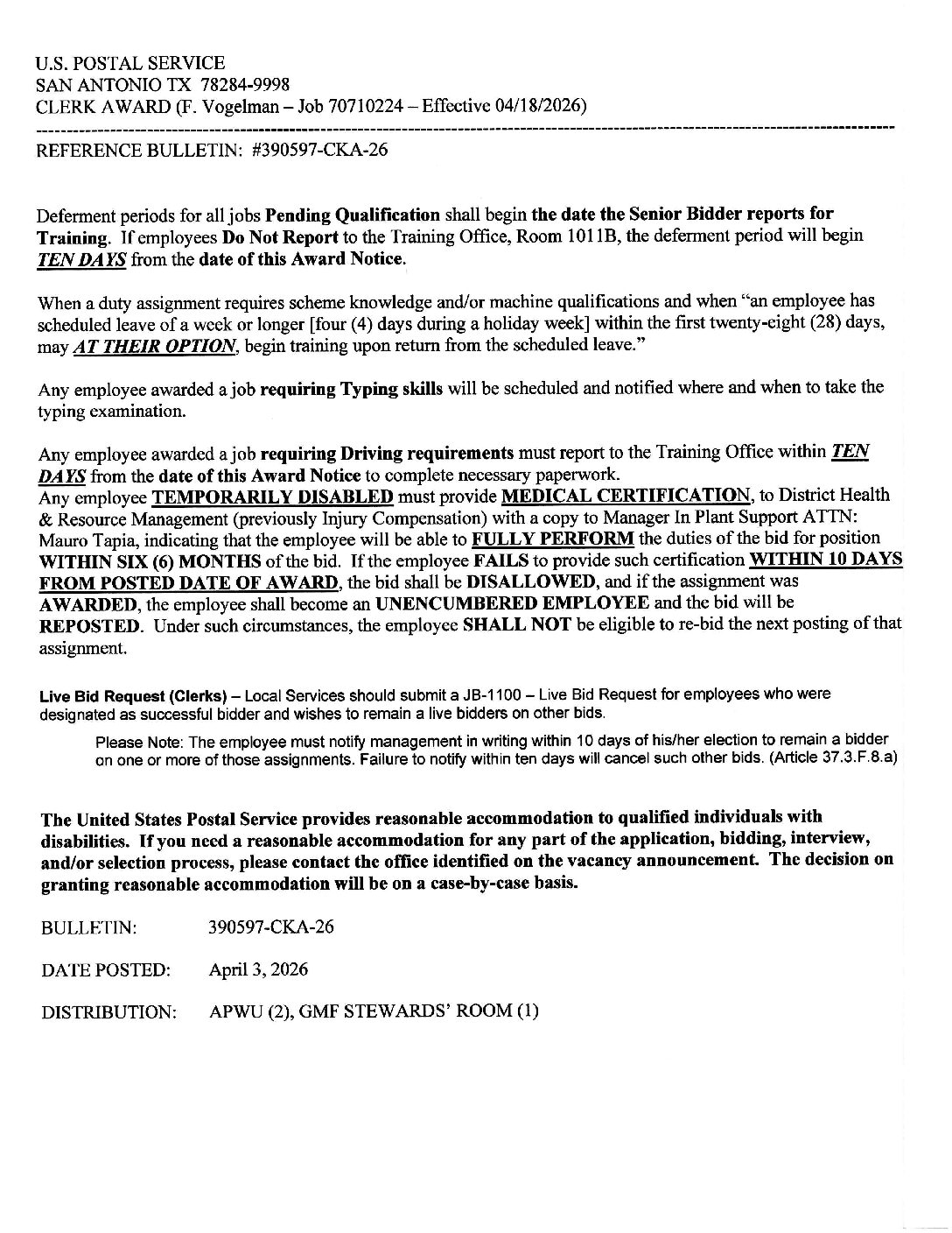 CLERK JOB AWARD BULLETIN 4/3/26 - 