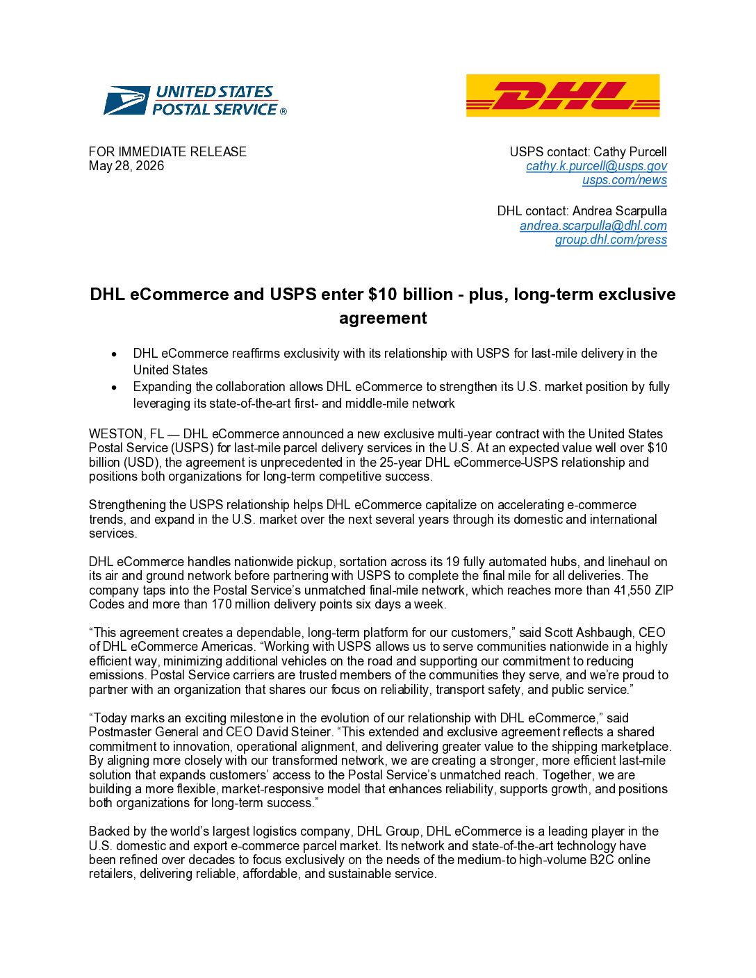 $10 Billion Agreement between DHL & Postal Service - 