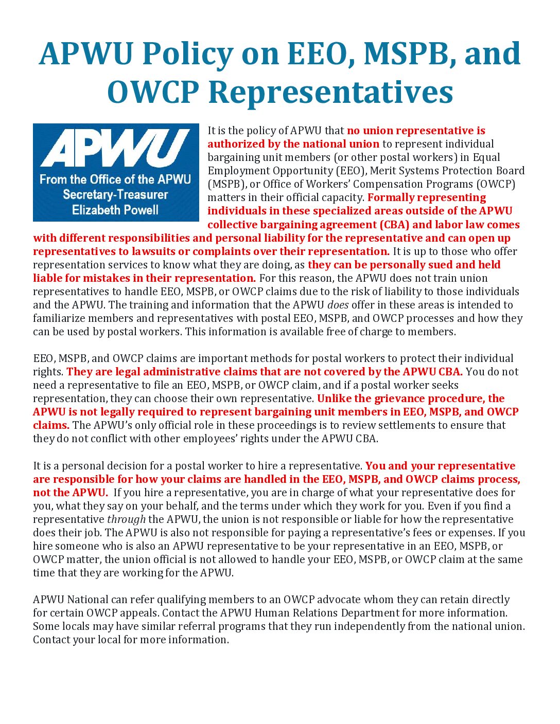 APWU Policy on EEO, MSPB & OWCP Representation - 