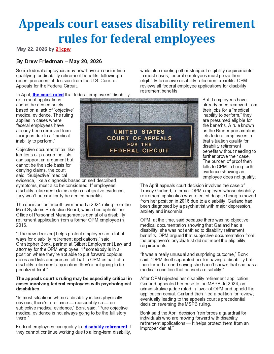 Appeals court eases disability retirement rules for federal employees - 