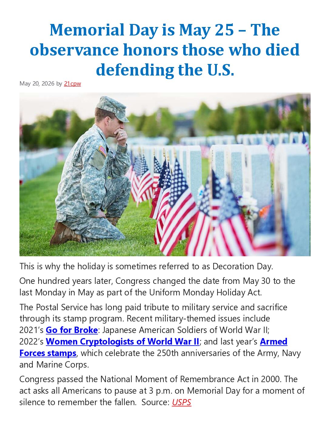 Memorial Day is May 25 - 