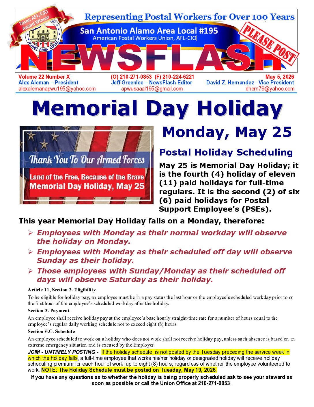 NewsFlash 22-10 Memorial Day Holiday - 