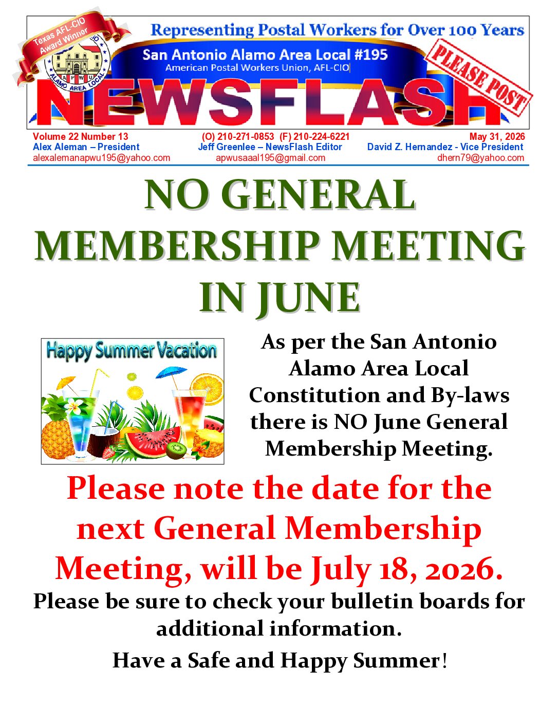 NewsFlash 22-13 NO General Membership Mtg in June - 