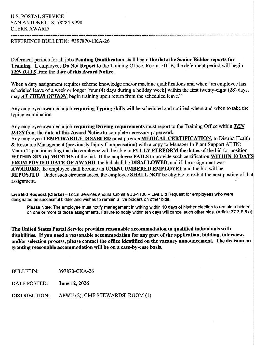 Clerk Craft Job Awards Bulletin 6/12/26 - 