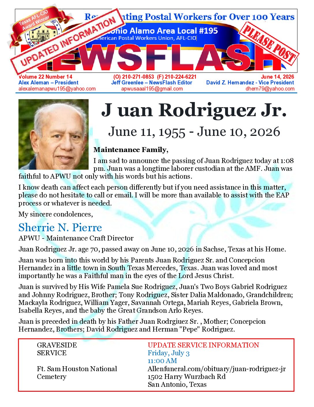 UPDATED NewsFlash 22-14 Passing of Union Brother Juan Rodriguez Jr - 