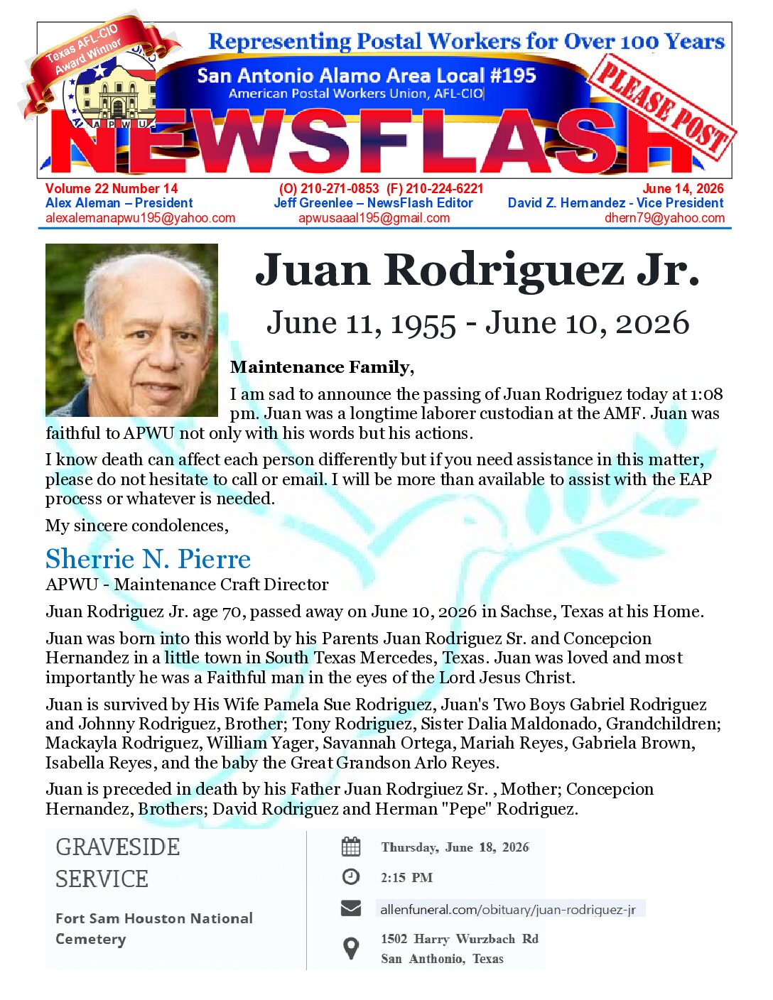 NewsFlash 22-14 Passing of Union Brother Juan Rodriguez Jr - 