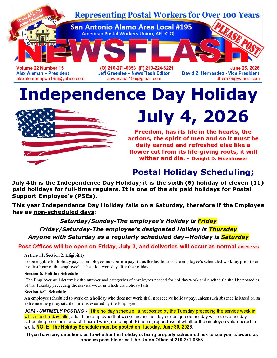 NewsFlash 22-15 – Independence Day Holiday Scheduling - 