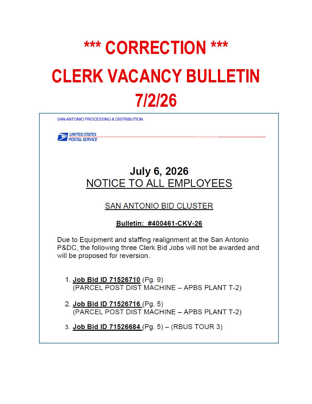 CORRECTION – CLERK JOB VACANCY BULLETIN 7-2-26 - 