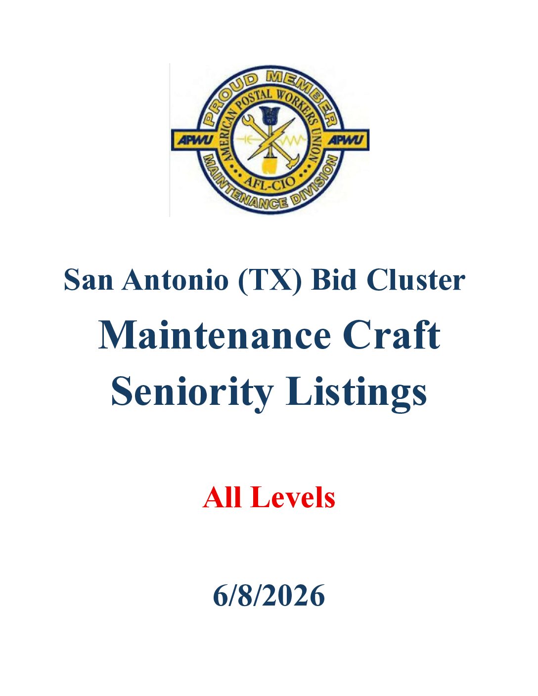 Maintenance Craft Seniority Listings 6/8/2026 - 