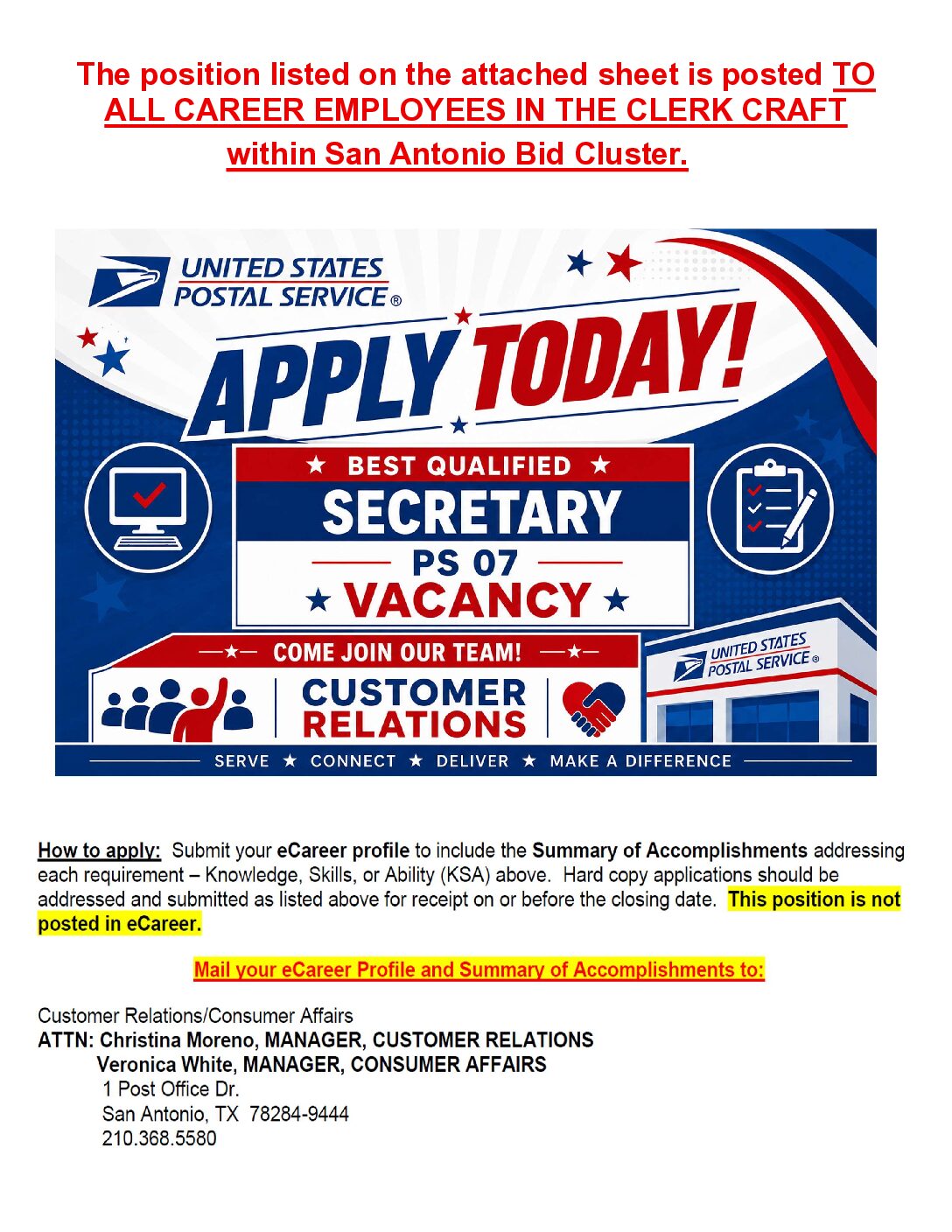 Secretary PS-07 Secretary Vacancy Posting 7/7/26 - 