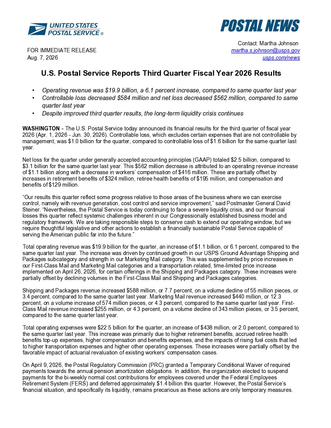 U.S. Postal Service Reports Third Quarter Fiscal Year 2026 Results - 