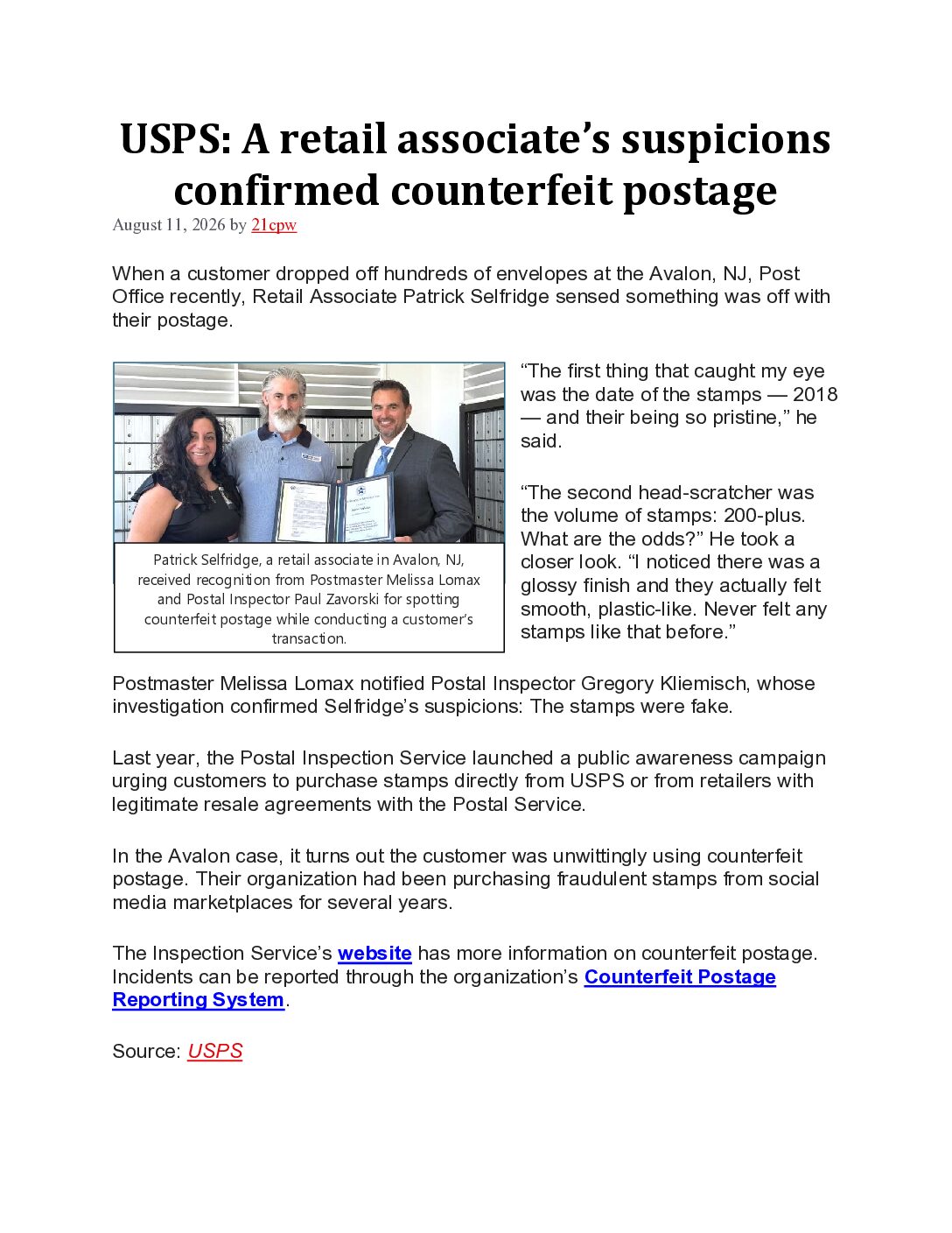 Beware of Counterfeit Postage - 