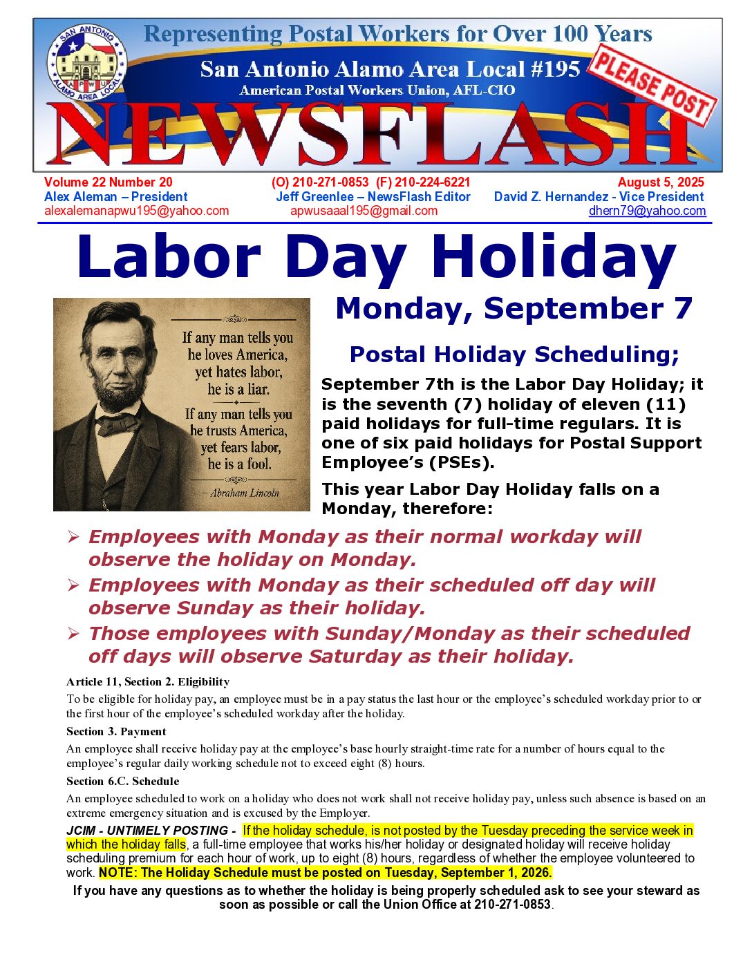 NewsFlash 22-20 Labor Day Holiday Scheduling - 