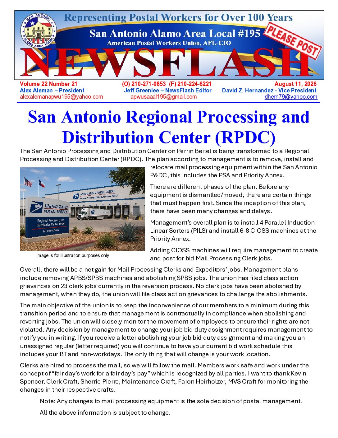 NewsFlash 22-21 San Antonio Regional Processing and Distribution Center (RPDC) - 