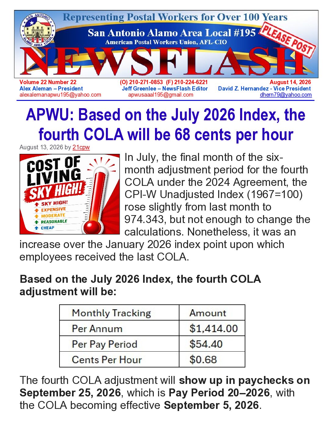 NewsFlash 22-22 COLA Increase Announced - 
