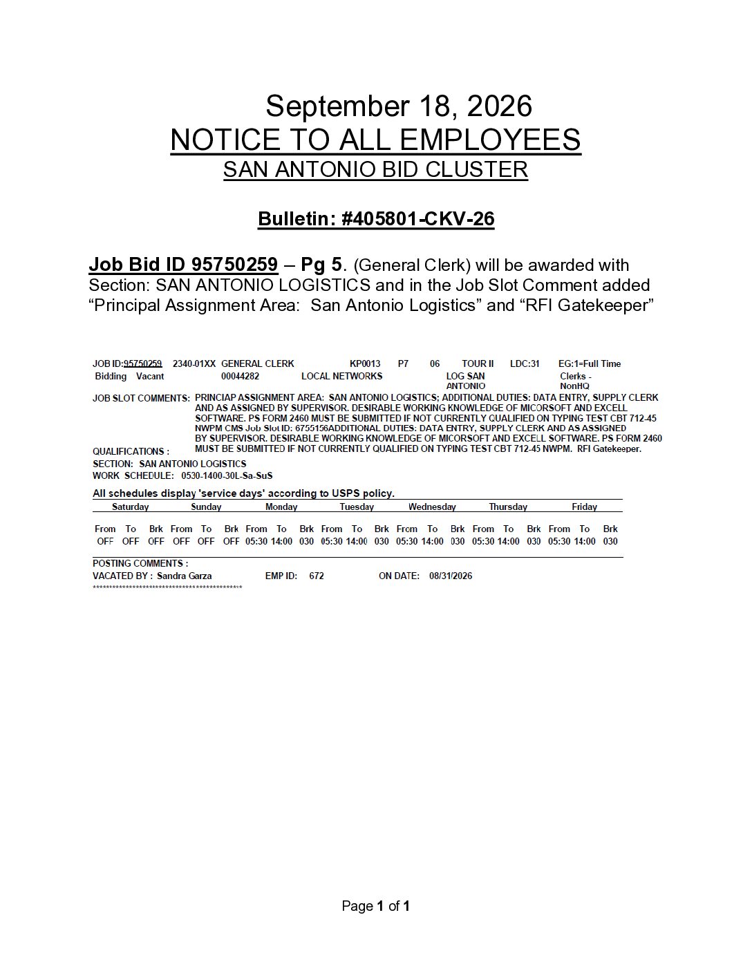** CORRECTION ** CLERK VACANCY BULLETIN 9-10-26 - 
