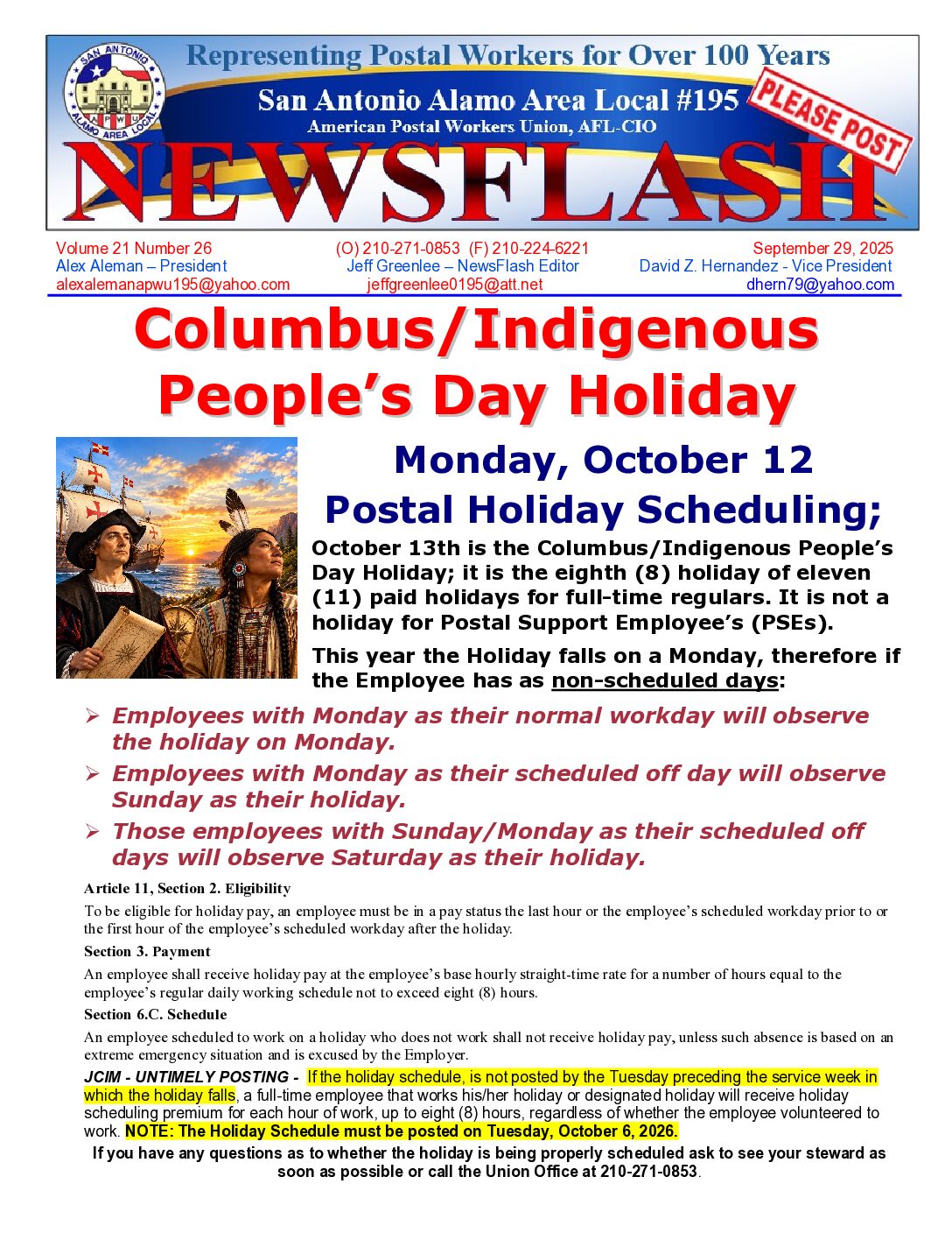 NewsFlash 22-26 Columbus-Indigenous People’s Day Holiday Scheduling - 