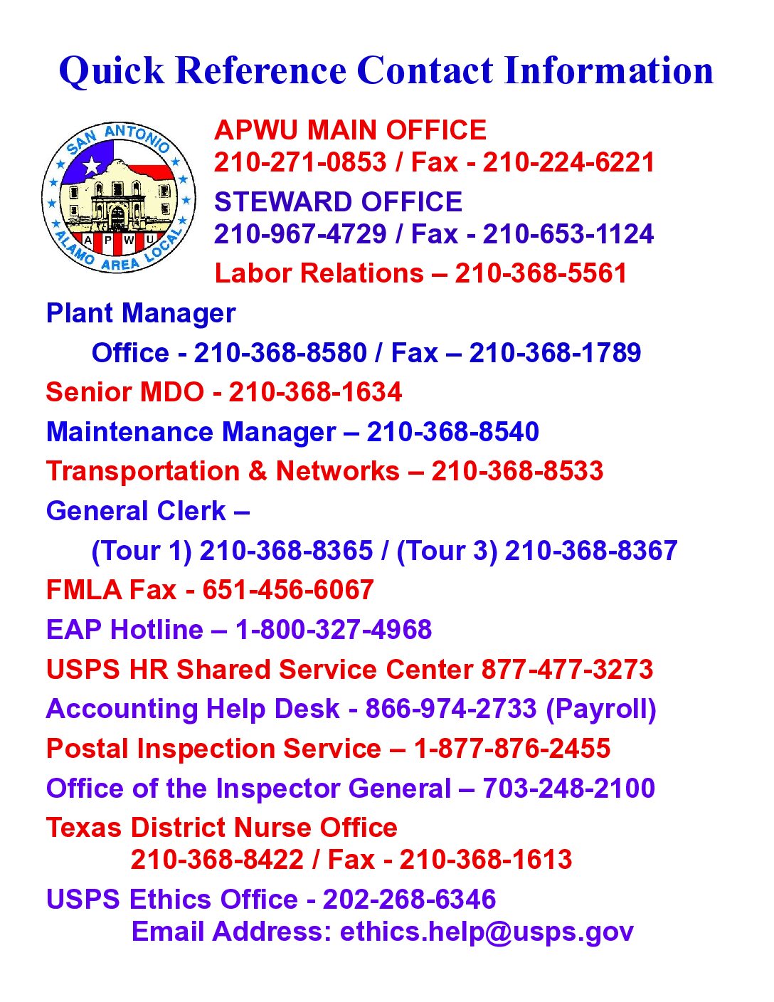 Quick Reference  Contact Information - 
