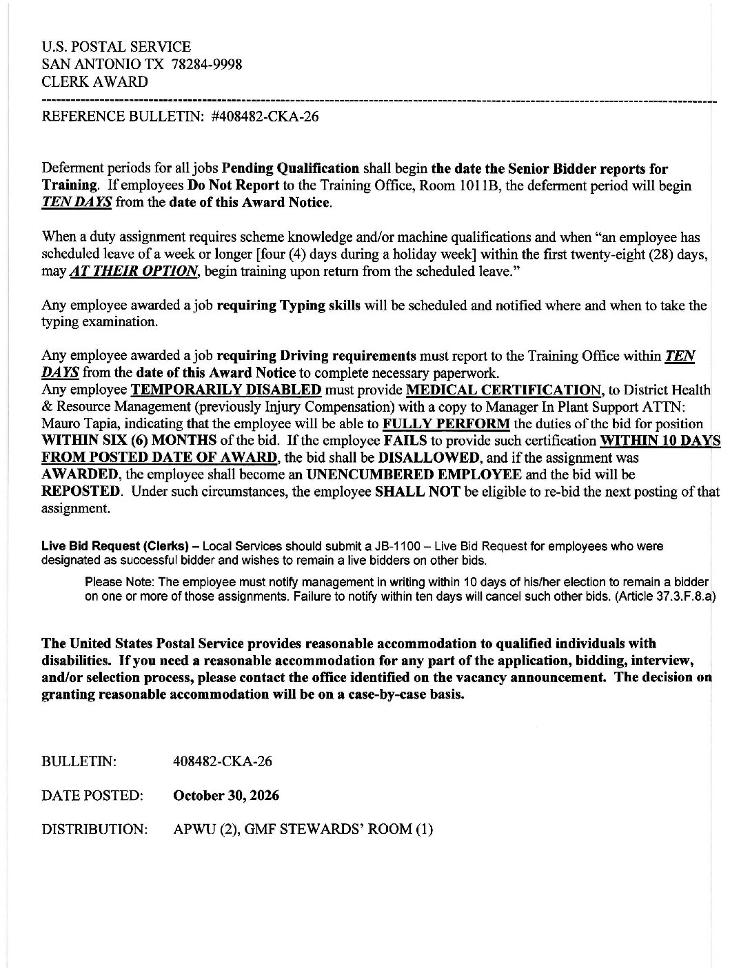 CLERK JOB AWARD BULLETIN 10-30-26 - 